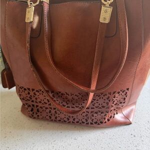 Women's Laser-Cut Tote Bag in Brown with Gold Hardware